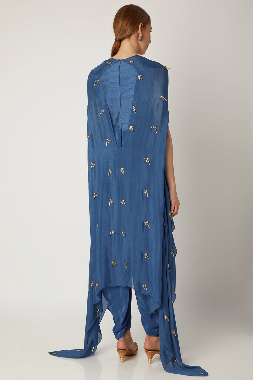 Embroidered Indigo Blue Jumpsuit With Attached Cape