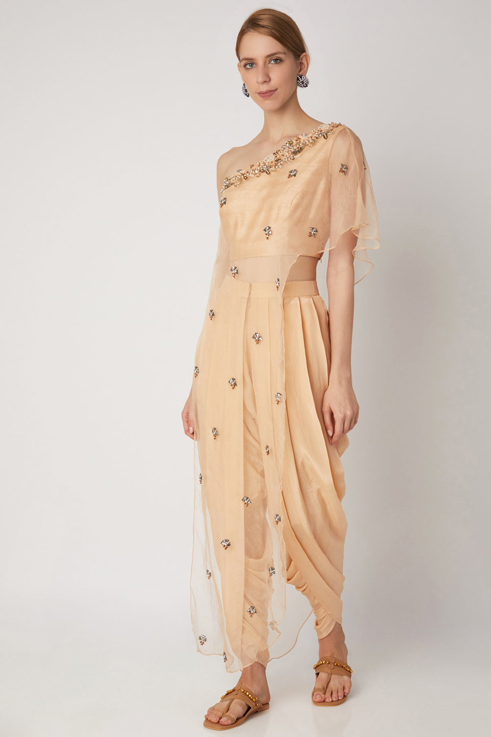 Embroidered Peach Dhoti Set