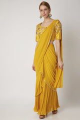 Embroidered Yellow Pre-Stitched Saree Set