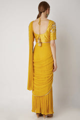 Embroidered Yellow Pre-Stitched Saree Set