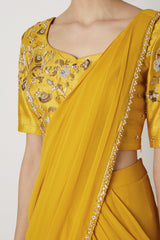 Embroidered Yellow Pre-Stitched Saree Set