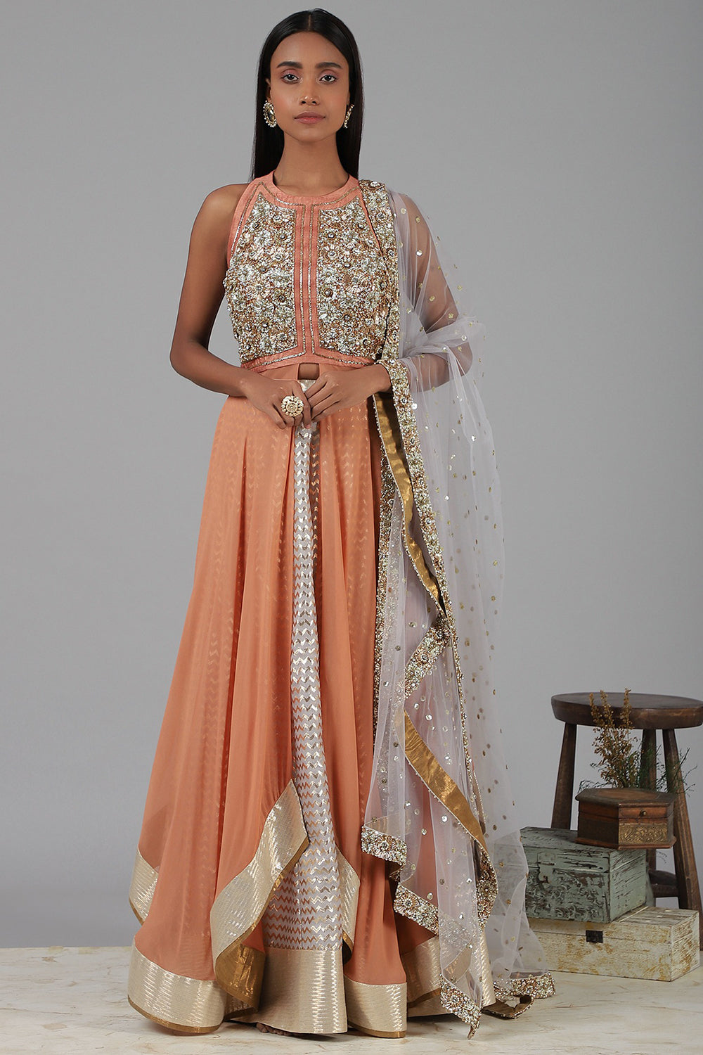 Embroidered Coral Lehenga Set