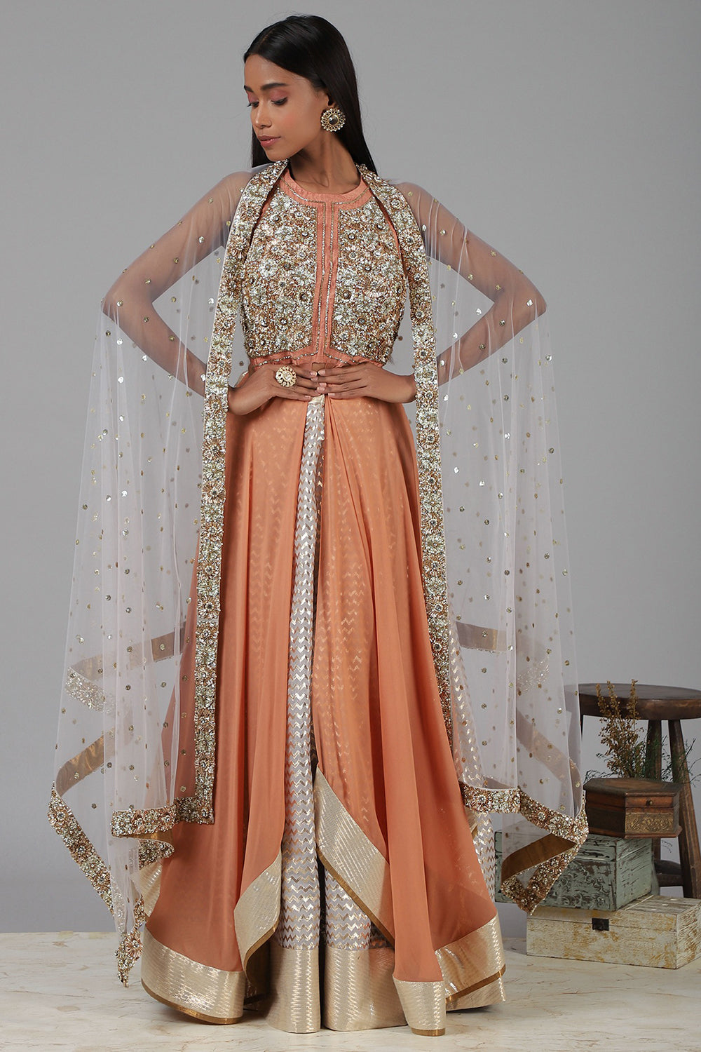 Embroidered Coral Lehenga Set