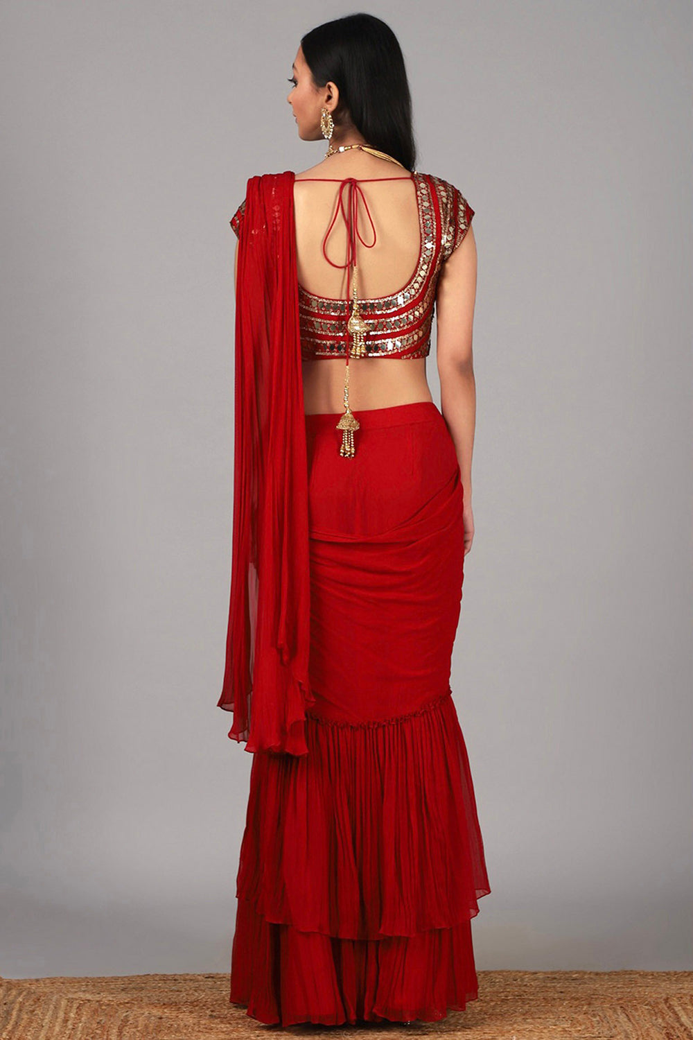 Embroidered Red Pre Stitched Saree Set