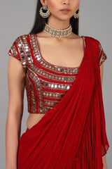 Embroidered Red Pre Stitched Saree Set