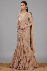 Embroidered Beige Lehenga Saree Set