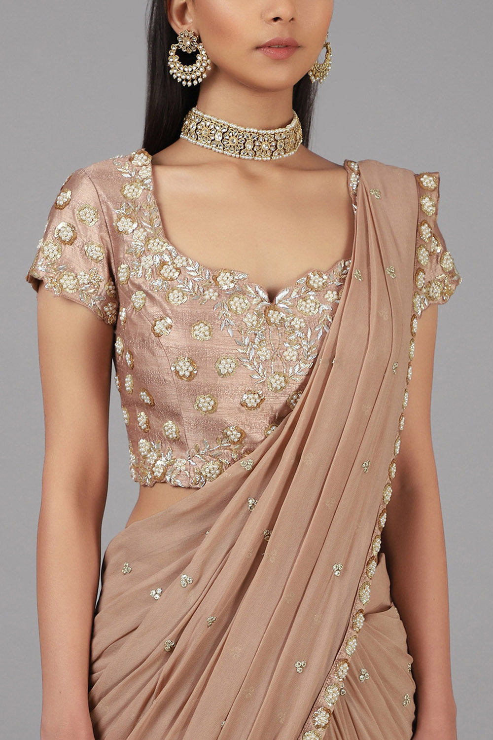 Embroidered Beige Lehenga Saree Set