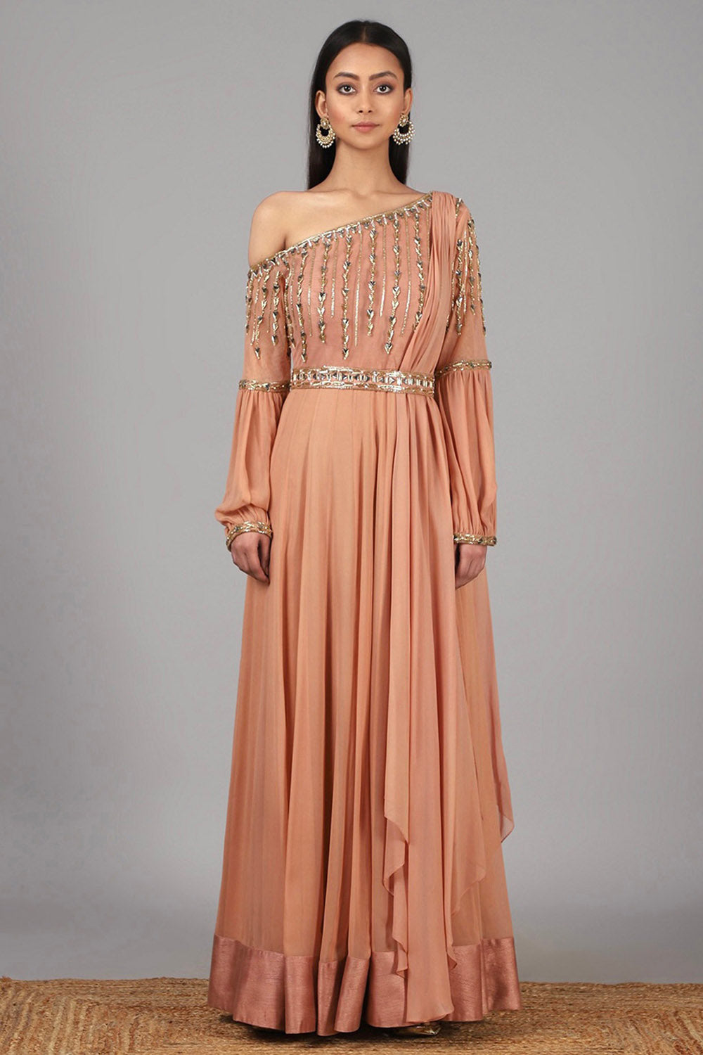 Embroidered Peach Anarkali With Belt