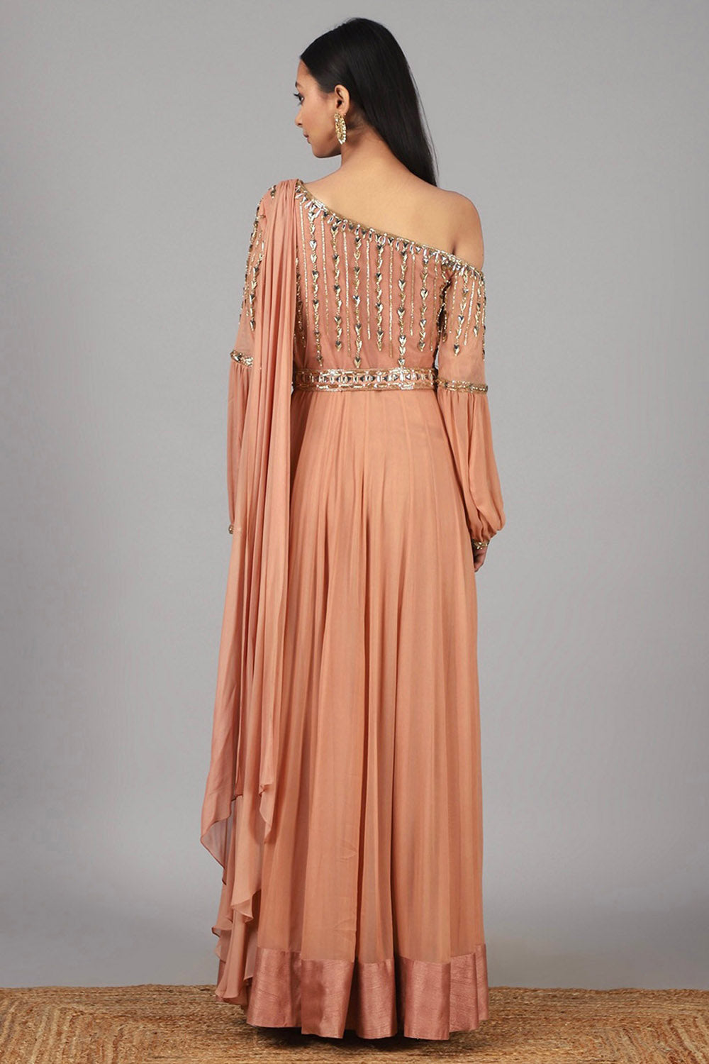 Embroidered Peach Anarkali With Belt