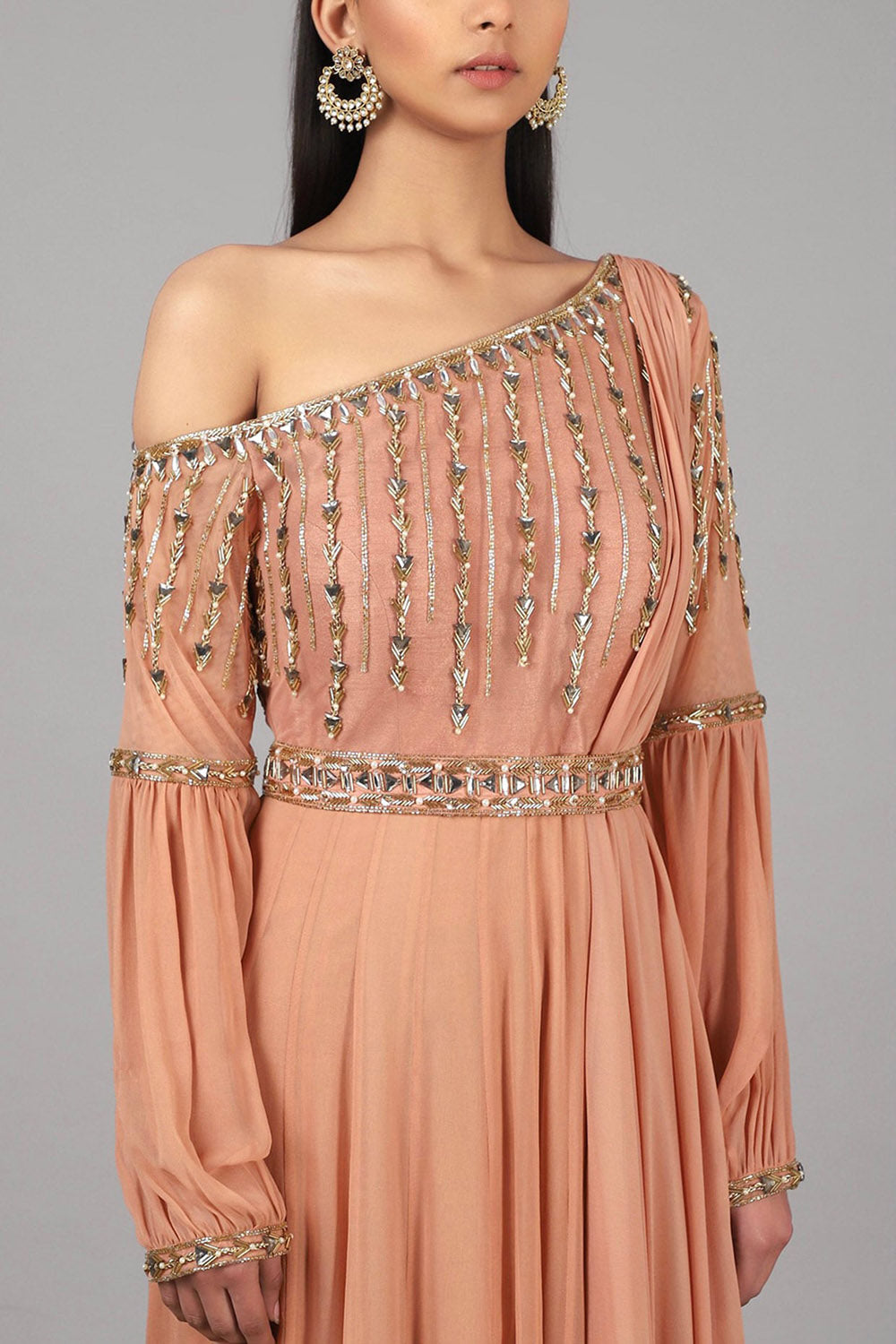 Embroidered Peach Anarkali With Belt