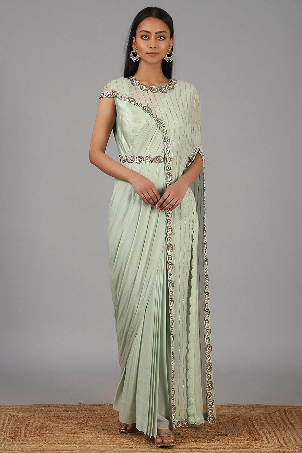 Embroidered Muted Green Saree Gown Set