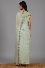 Embroidered Muted Green Saree Gown Set