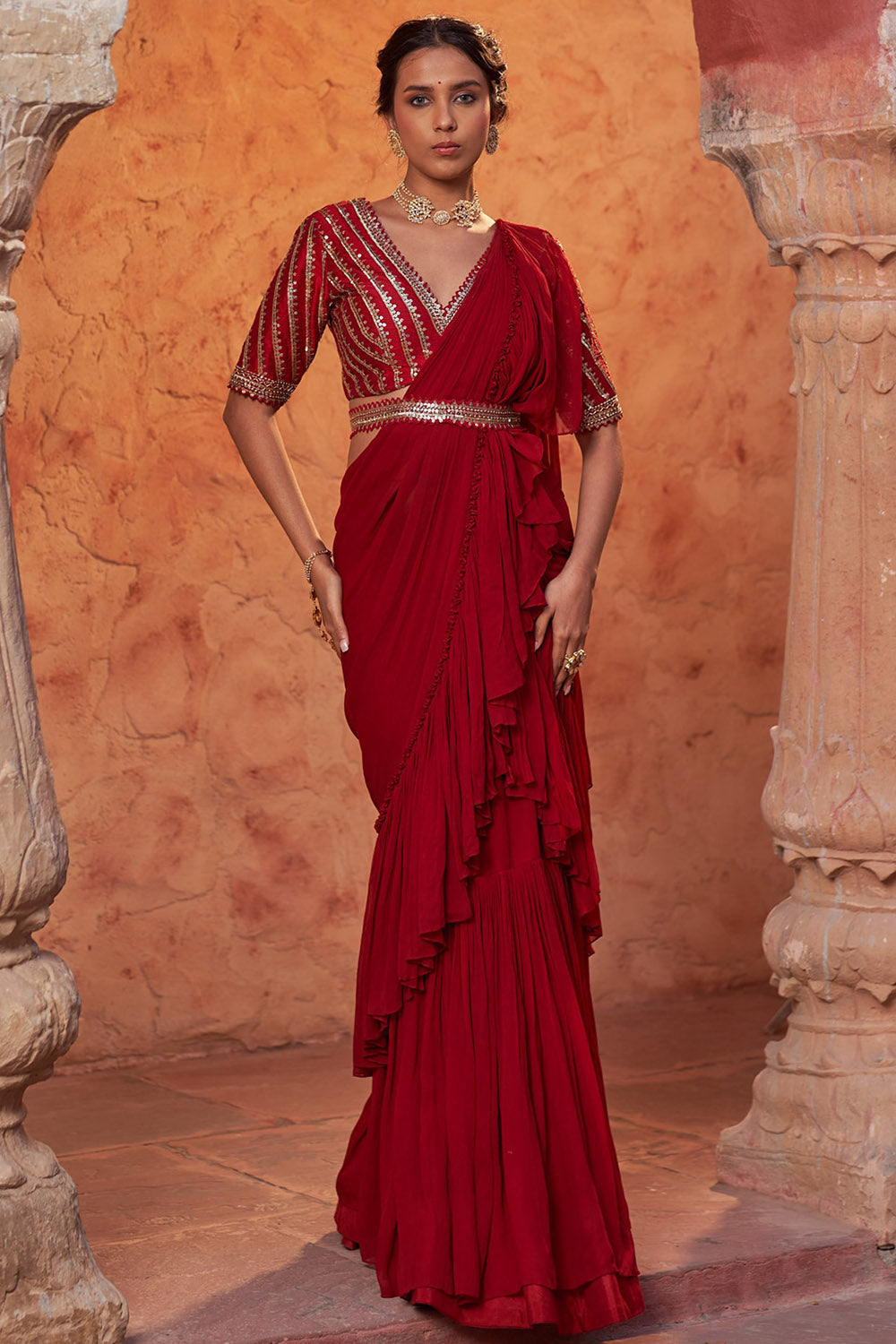 Georgette Red Draped Saree Set