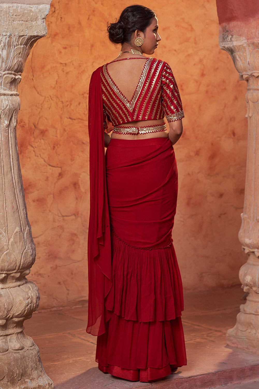 Georgette Red Draped Saree Set