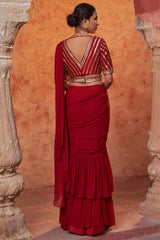 Georgette Red Draped Saree Set