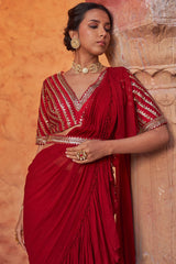 Georgette Red Draped Saree Set