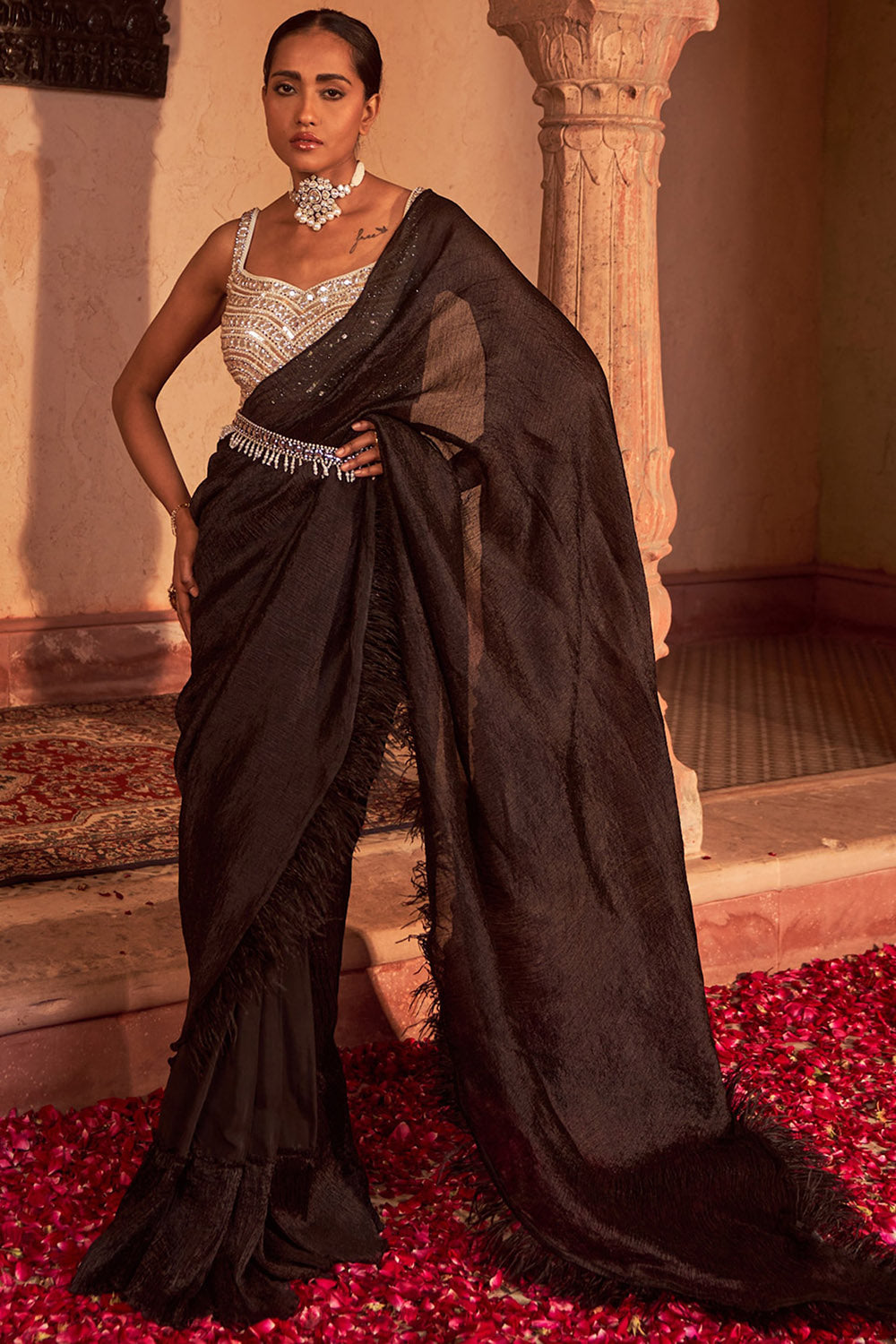 Silk Black Draped Saree Set