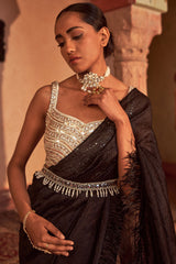 Silk Black Draped Saree Set