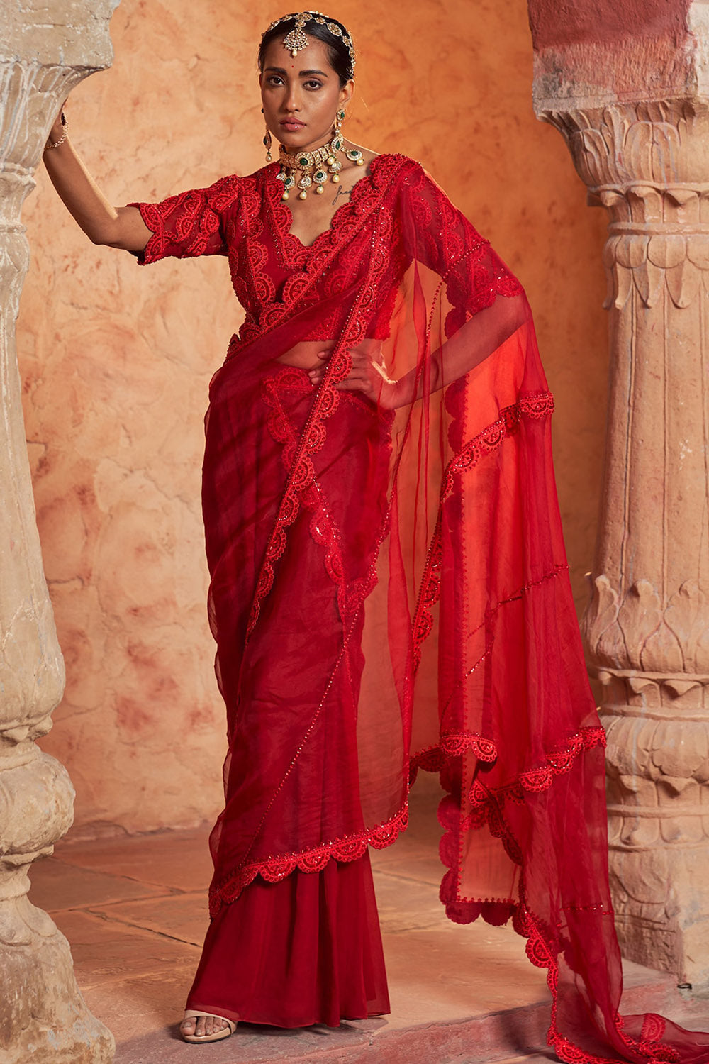 Organza & Crepe Red Embroidered Draped Saree Set