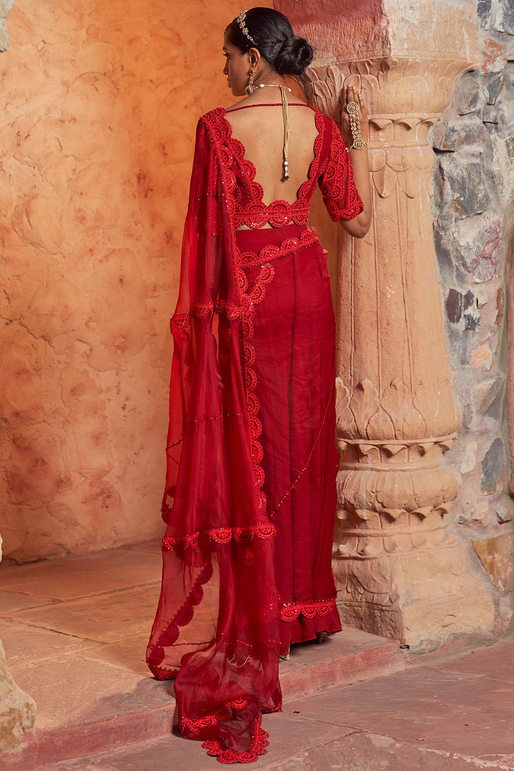 Organza & Crepe Red Embroidered Draped Saree Set