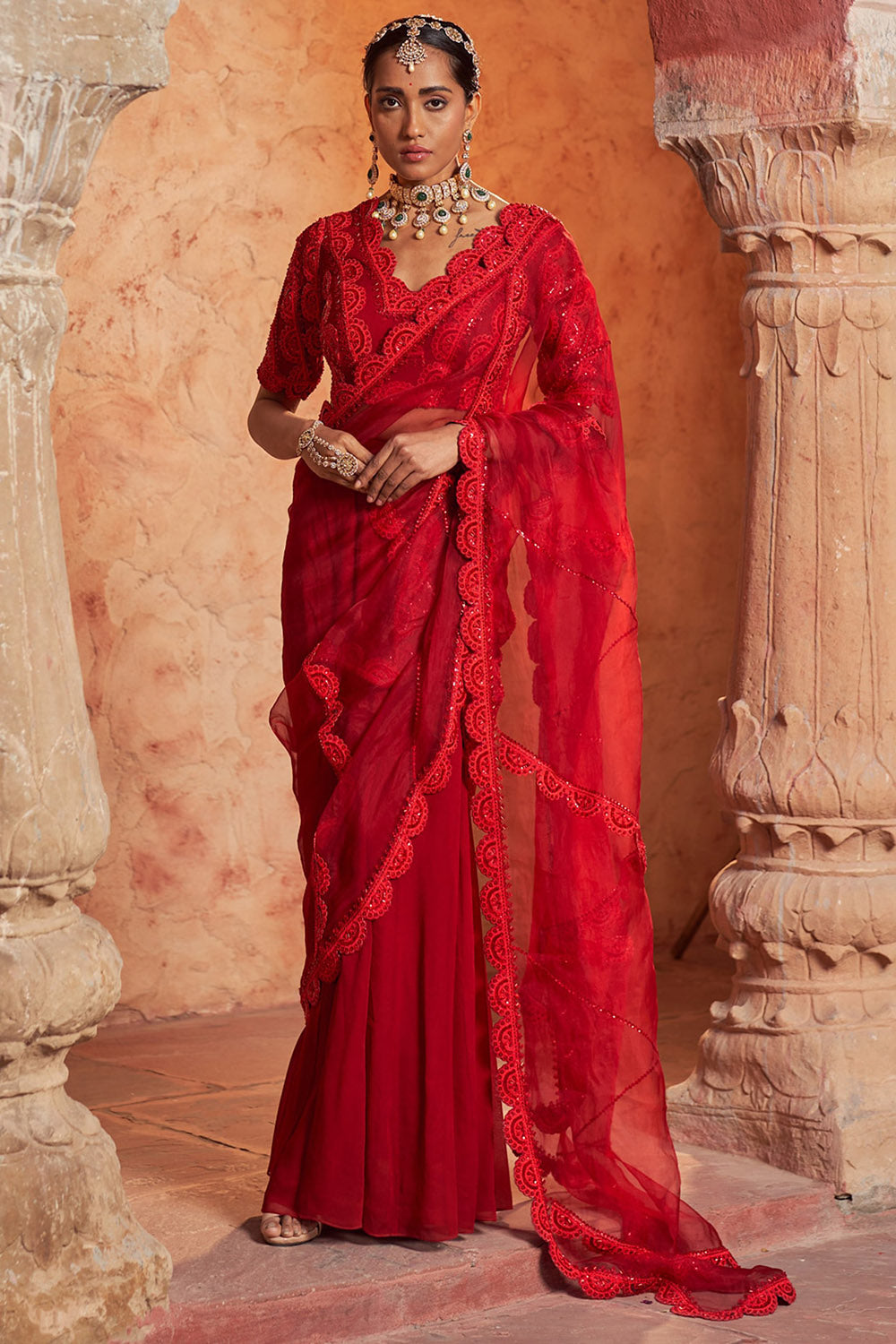 Organza & Crepe Red Embroidered Draped Saree Set