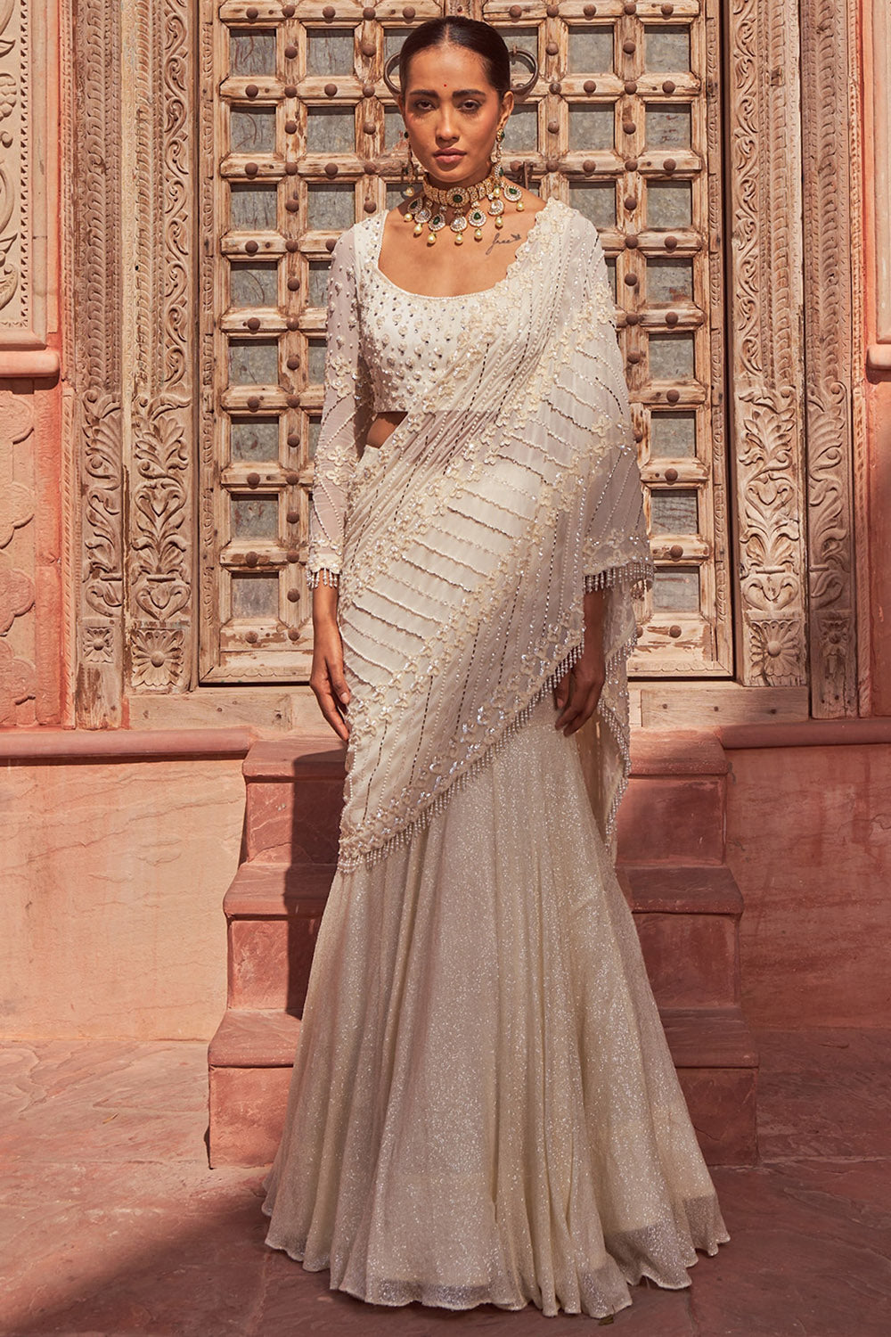 Sequins Ivory Georgette Embroidered Draped Lehenga Saree Set