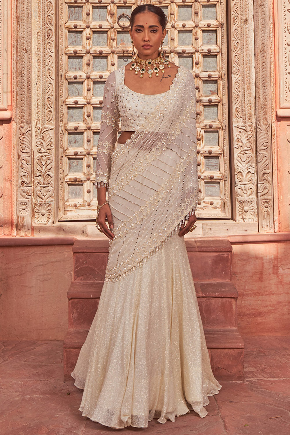 Sequins Ivory Georgette Embroidered Draped Lehenga Saree Set