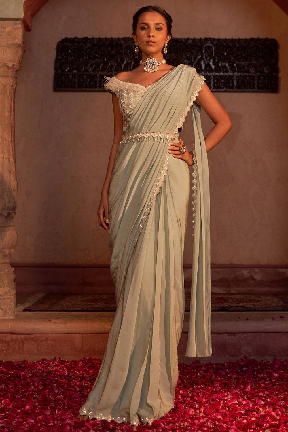 Crepe Sap Green Embroidered Draped Saree Set