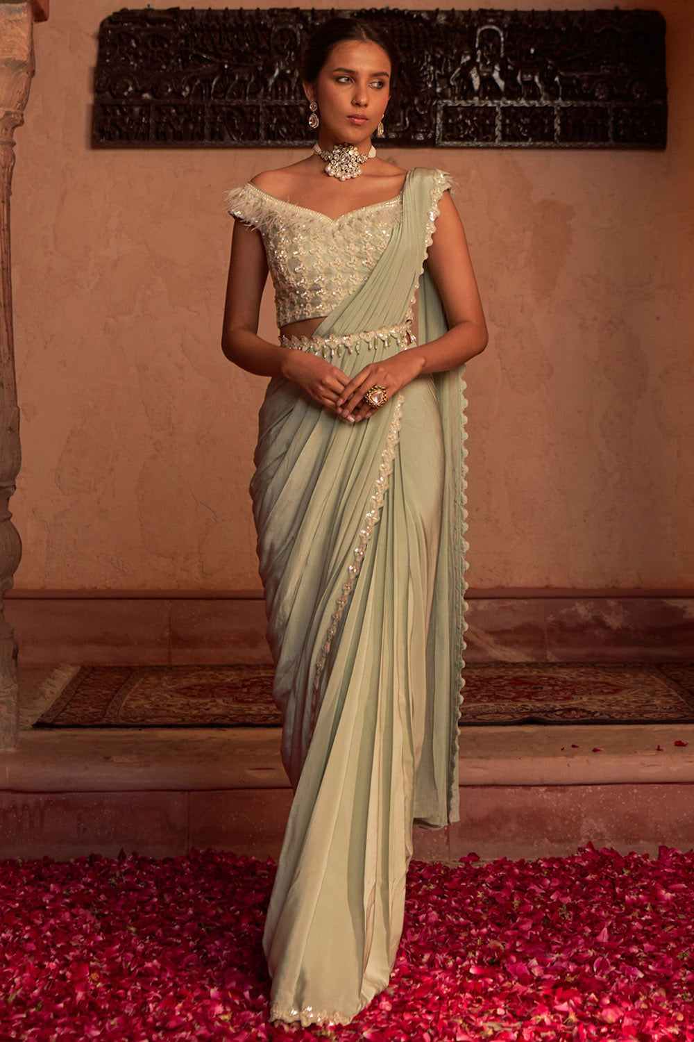 Crepe Sap Green Embroidered Draped Saree Set