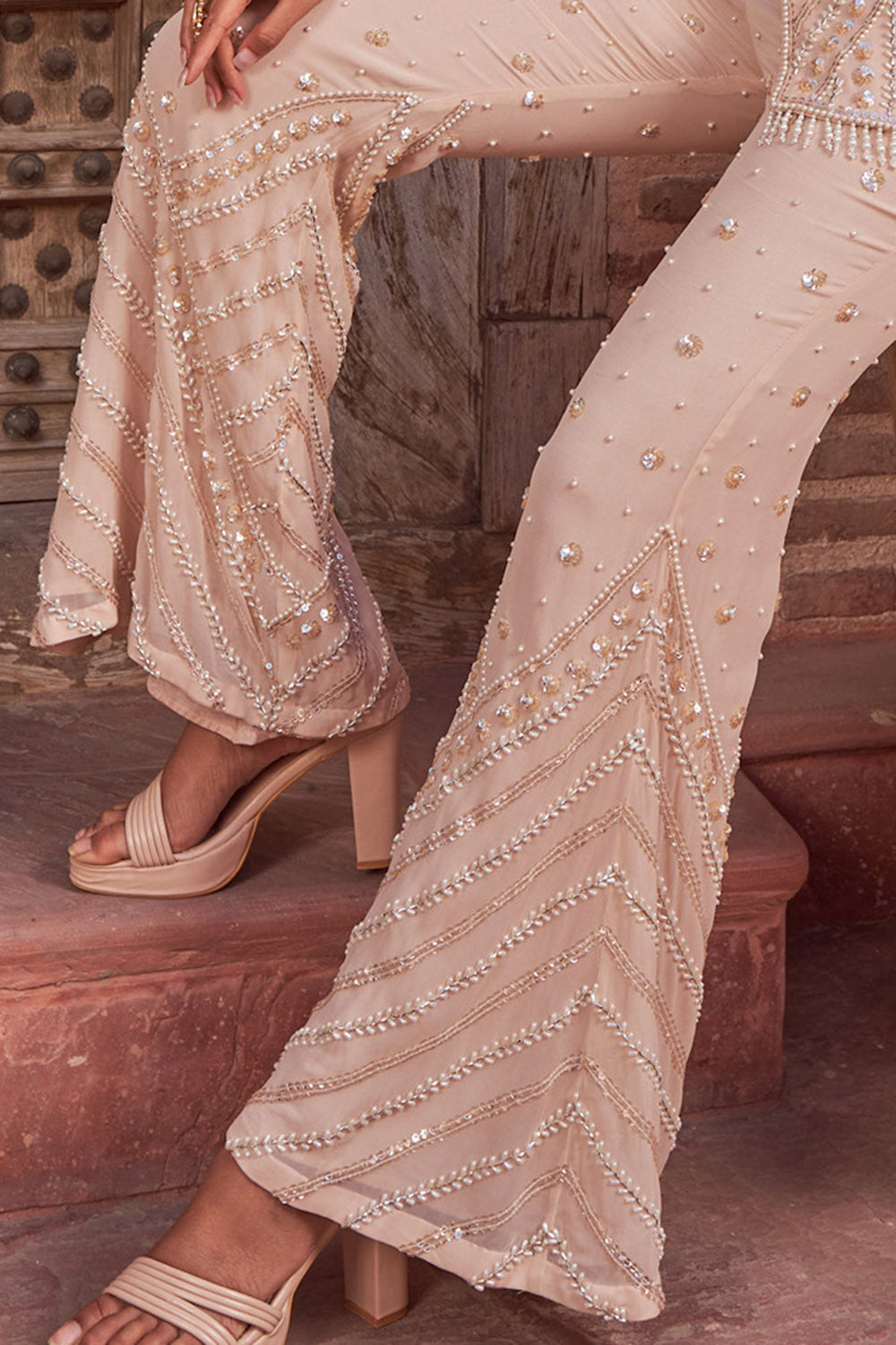 Georgette Champagne Embroidered Sharara Set