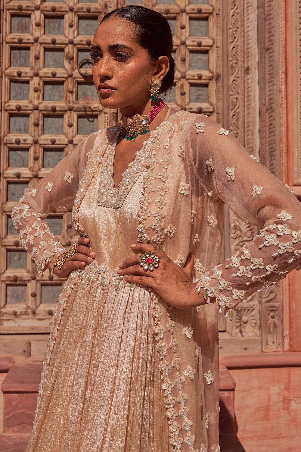 Silk Champagne Hand Embroidered Anarkali With Cape