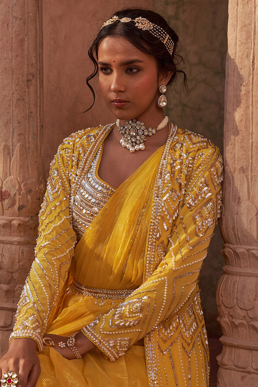 Crepe & Georgette Yellow Embroidered Jacket Saree Set