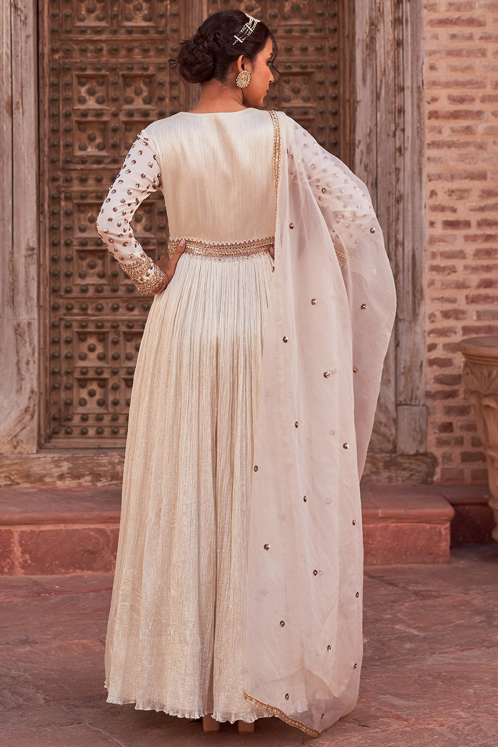 Crinkle Silk Ivory Embroidered Anarkali Set