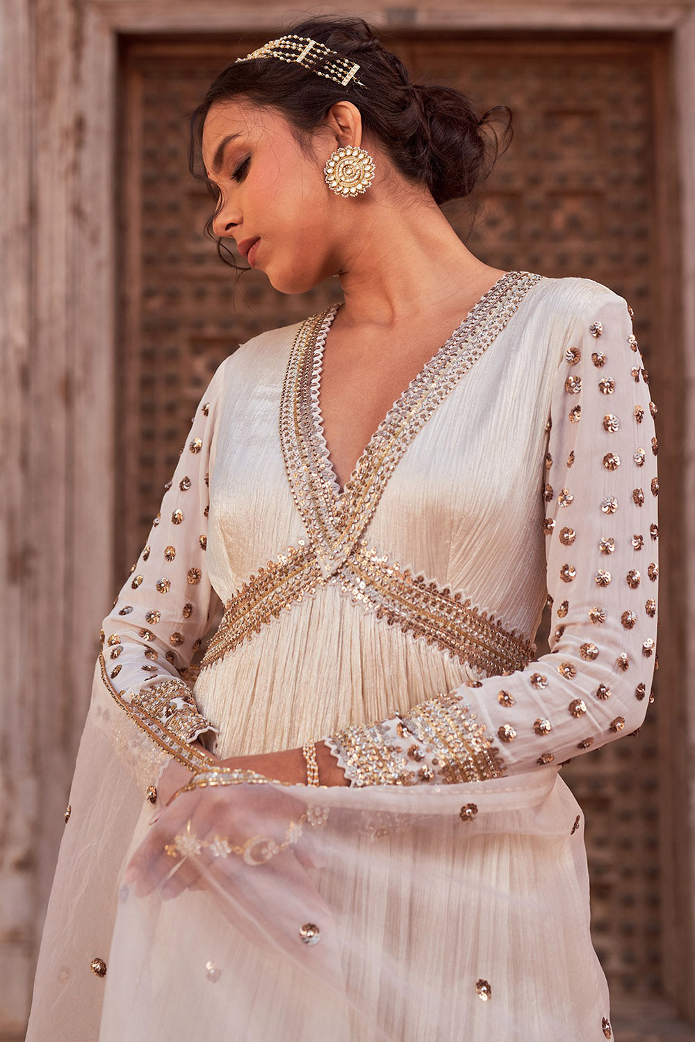 Crinkle Silk Ivory Embroidered Anarkali Set