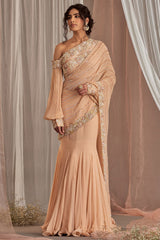 Hand Embroidered Salmon Pink Fish Cut Saree Set