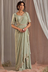 Hand Embroidered Pastel Green Draped Saree Set