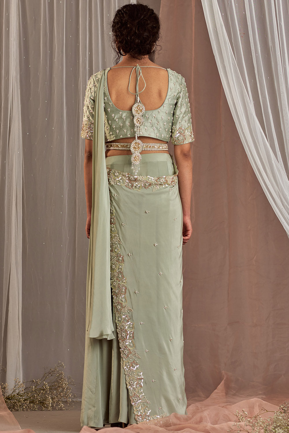 Hand Embroidered Pastel Green Draped Saree Set