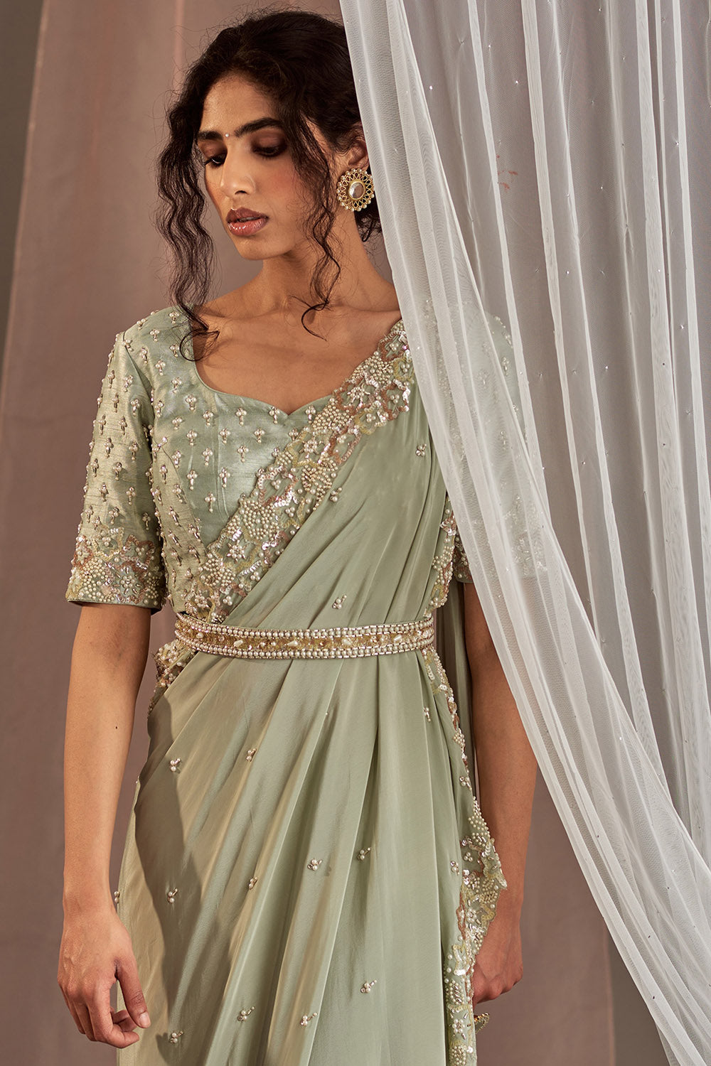 Hand Embroidered Pastel Green Draped Saree Set