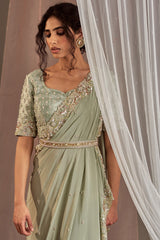 Hand Embroidered Pastel Green Draped Saree Set