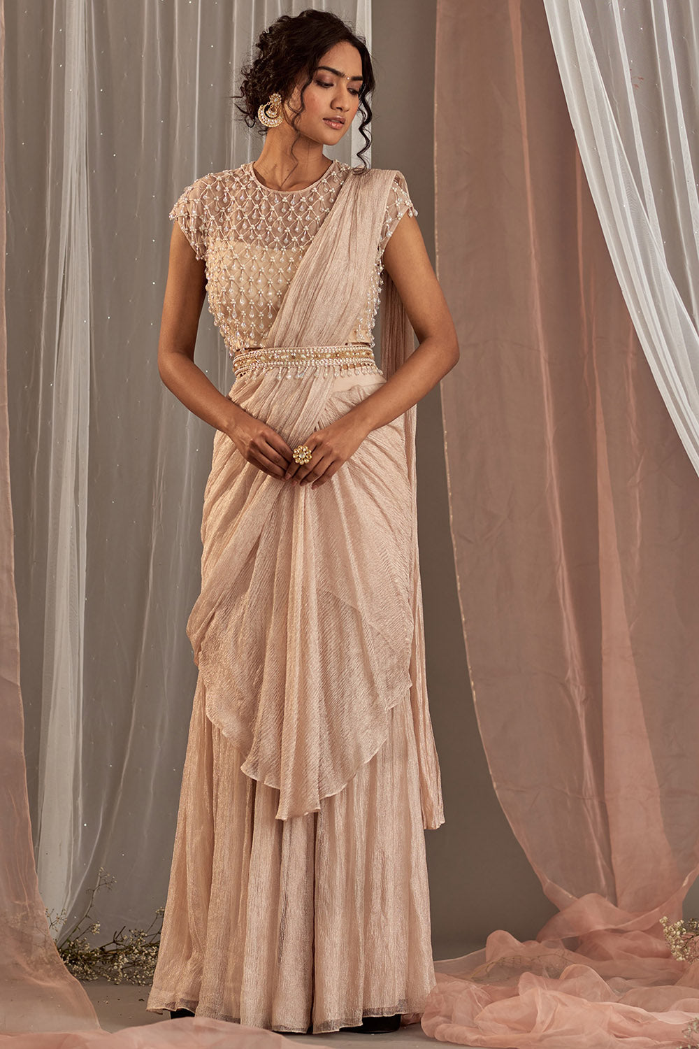 Hand Embroidered Rose Champagne Draped Saree Set