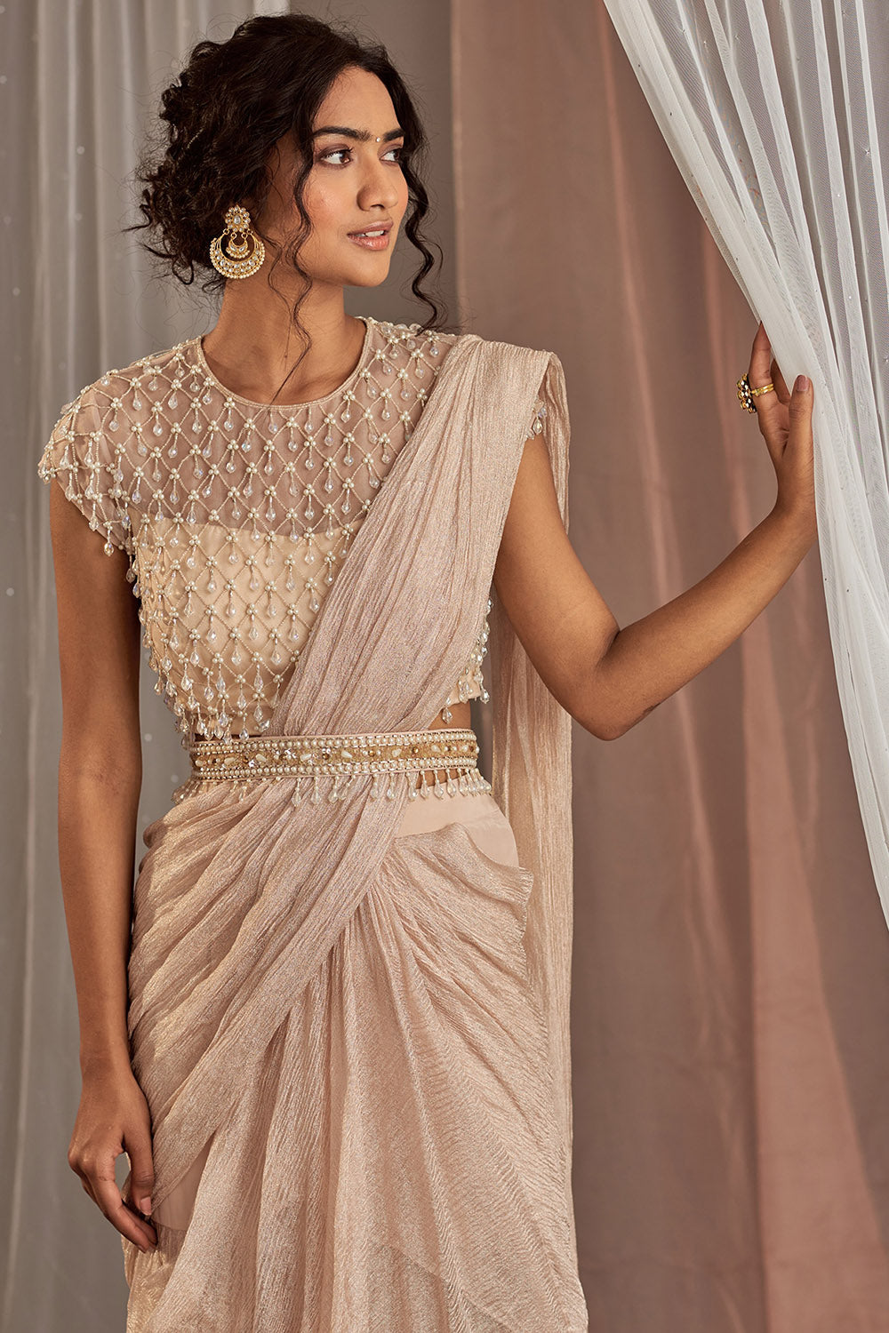 Hand Embroidered Rose Champagne Draped Saree Set