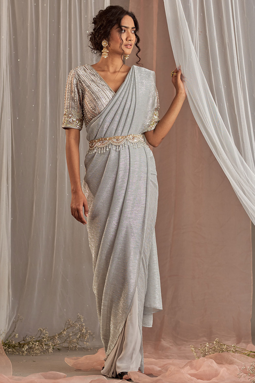 Hand Embroidered Grey Draped Saree Set