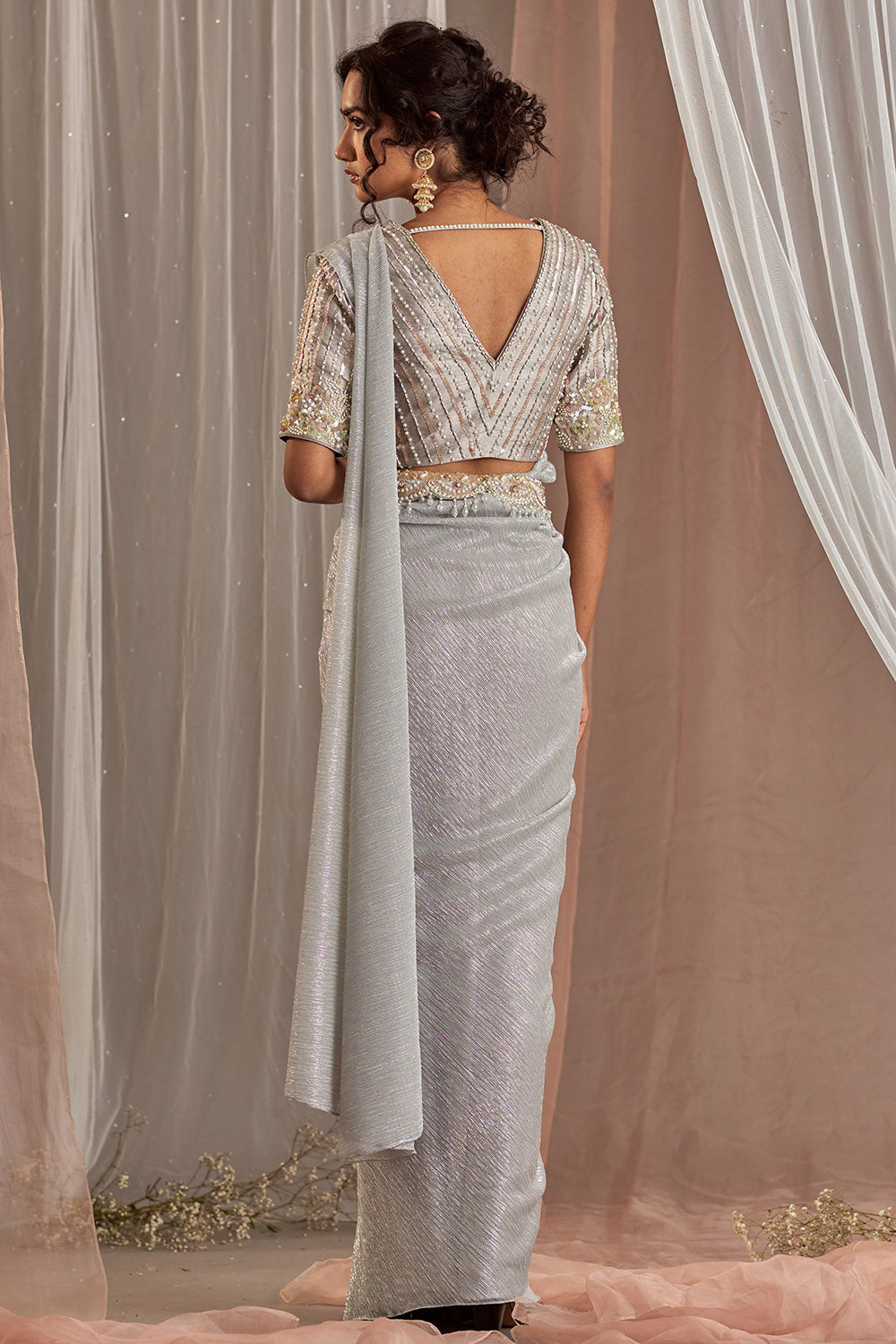 Hand Embroidered Grey Draped Saree Set