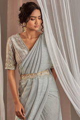 Hand Embroidered Grey Draped Saree Set