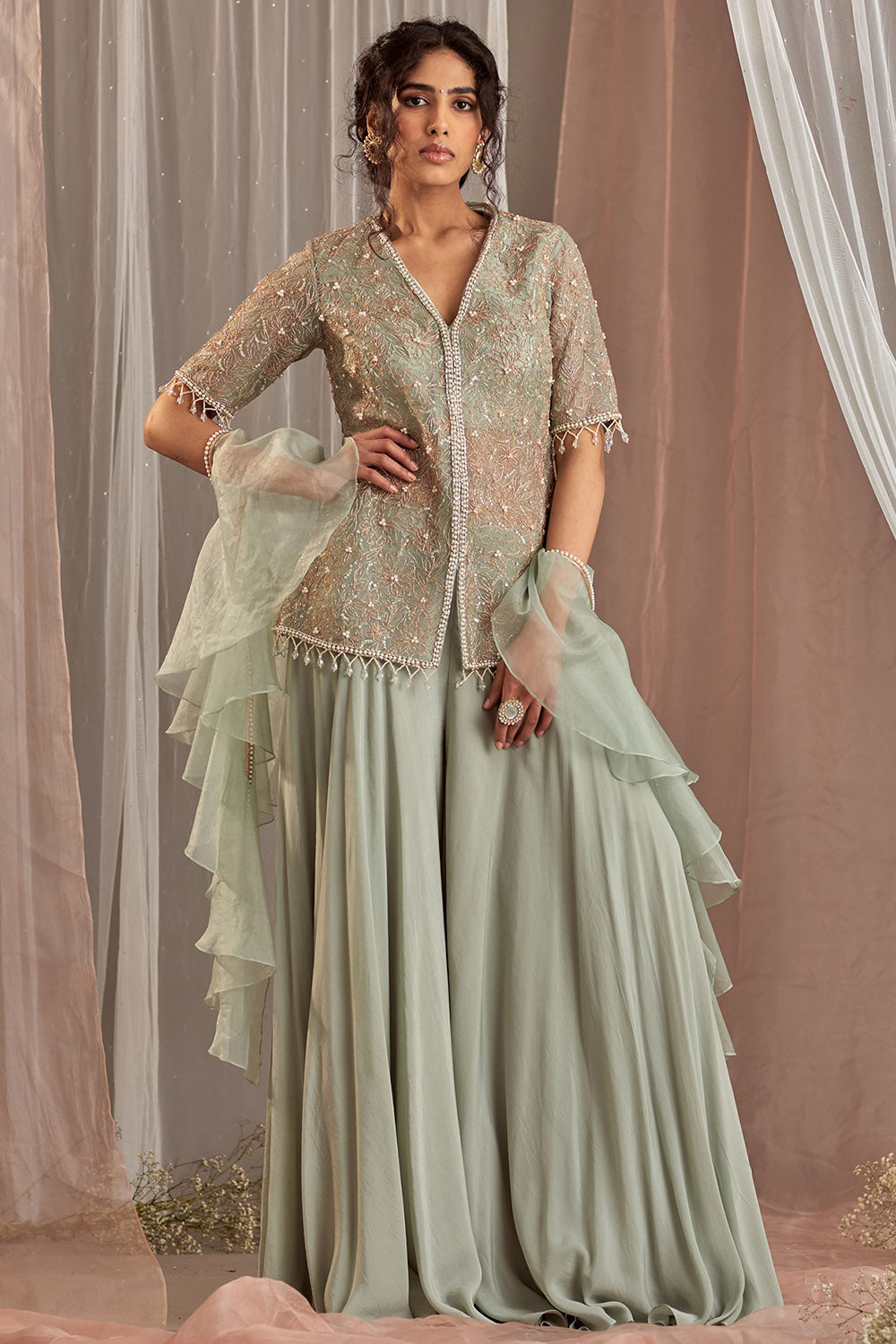 Organza Dull Green Sharara Set