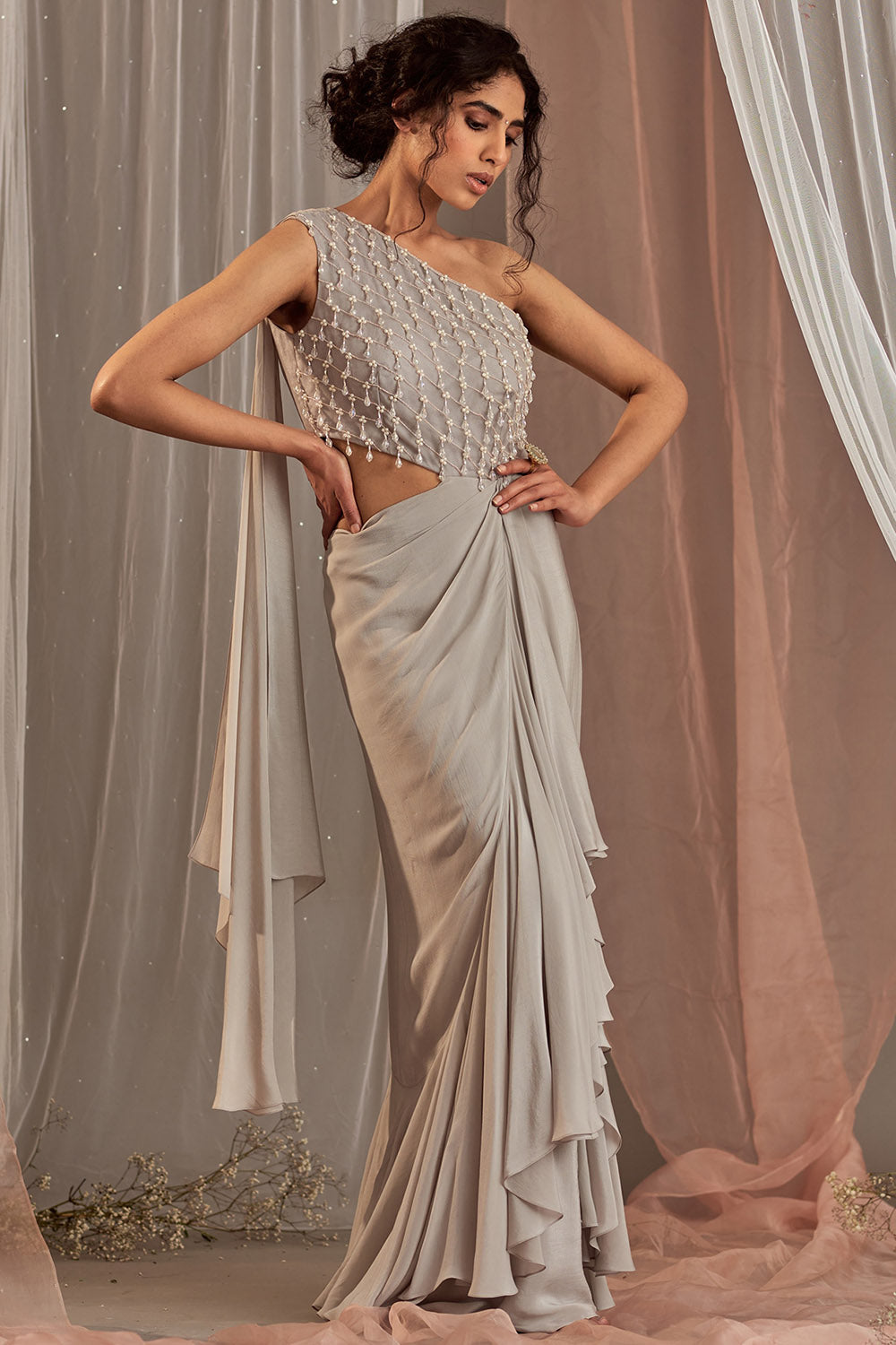 Hand Embroidered Grey Draped Gown