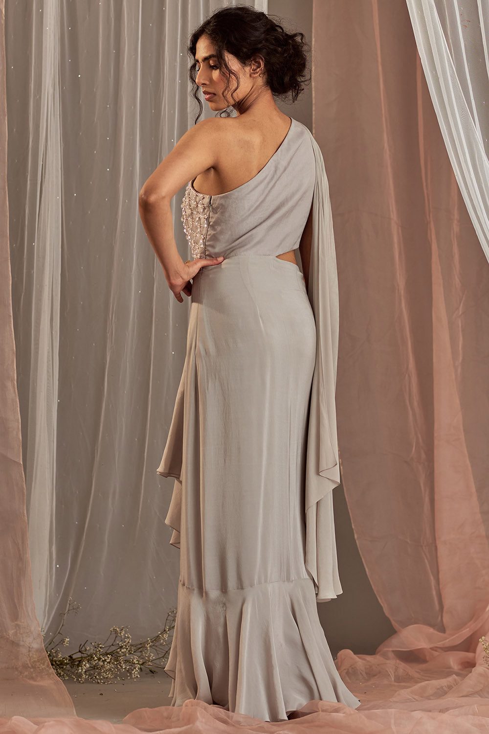 Hand Embroidered Grey Draped Gown