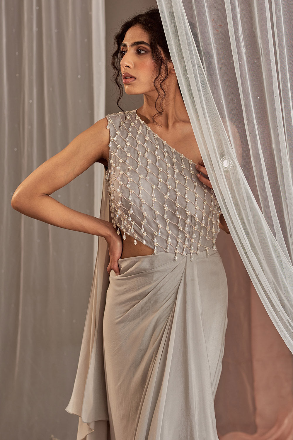 Hand Embroidered Grey Draped Gown