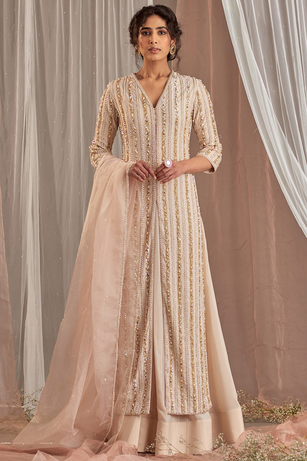 Hand Embroidered Champagne Kurta Set