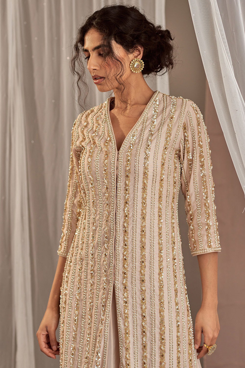 Hand Embroidered Champagne Kurta Set